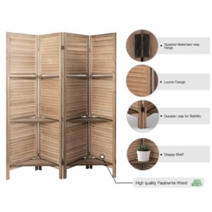 Babion 4 Panels Room Divider, Privacy Screen Room Dividers and Folding Privacy Screen, Room Dividers with 3 Display Shelves, 5.6 Ft Tall Wood Room Divider, Partition Wall for Home Office, Brown