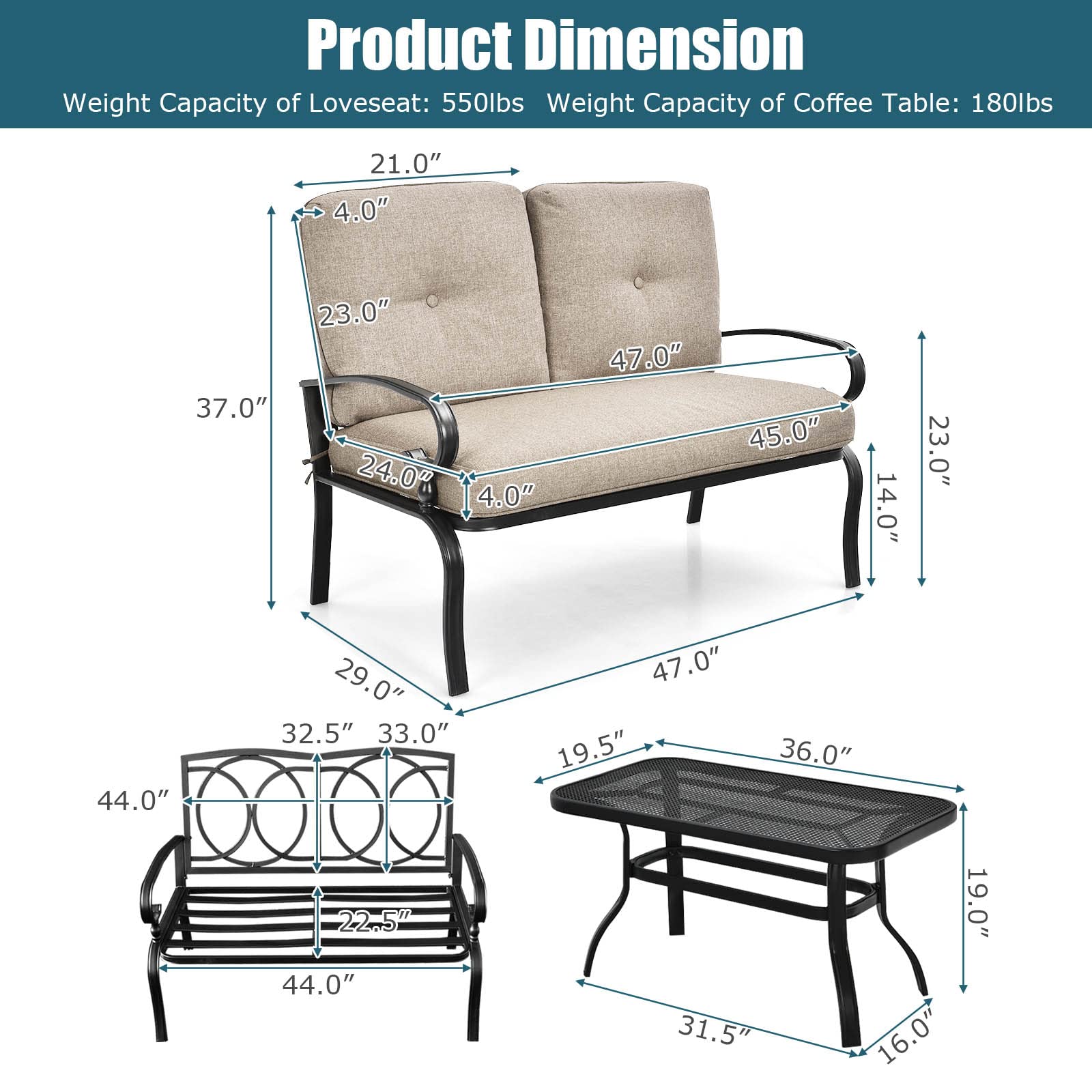 Tangkula Patio Loveseat with Table Set, 2 Seat Cushioned Sofa with Coffee Table, Patio Conversation Sofa Set with Rustproof Frame, 2 Pieces Outdoor Furniture Set for Garden, Poolside, Balcony (Beige)