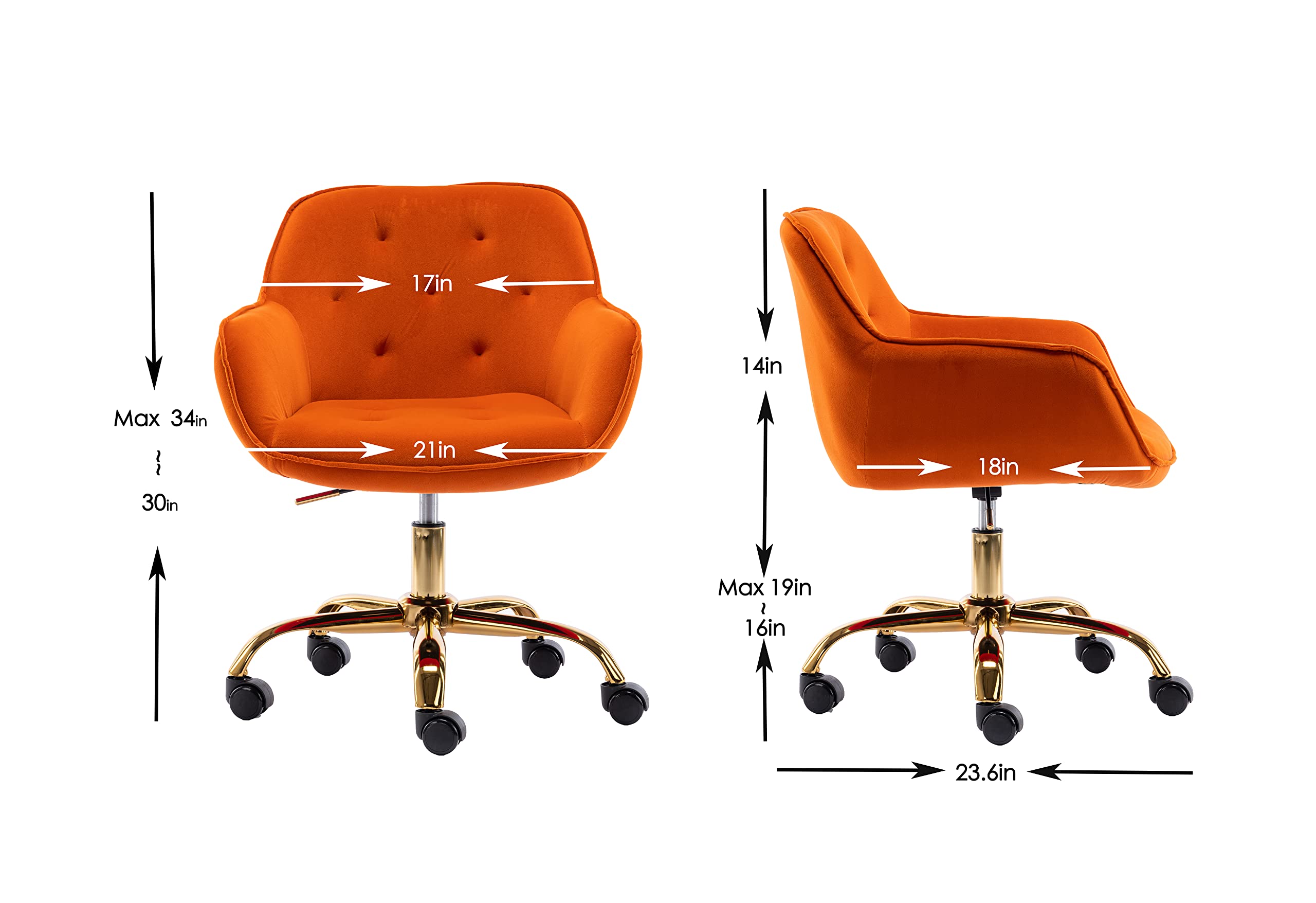 ZOBIDO Comfy Home Office Task Chair with Wheels, Cute Modern Upholstered Velvet Back Adjustable Swivel Vanity Desk Chair, for Women,for Girls, Living Room, Bedroom(Dark Orange)