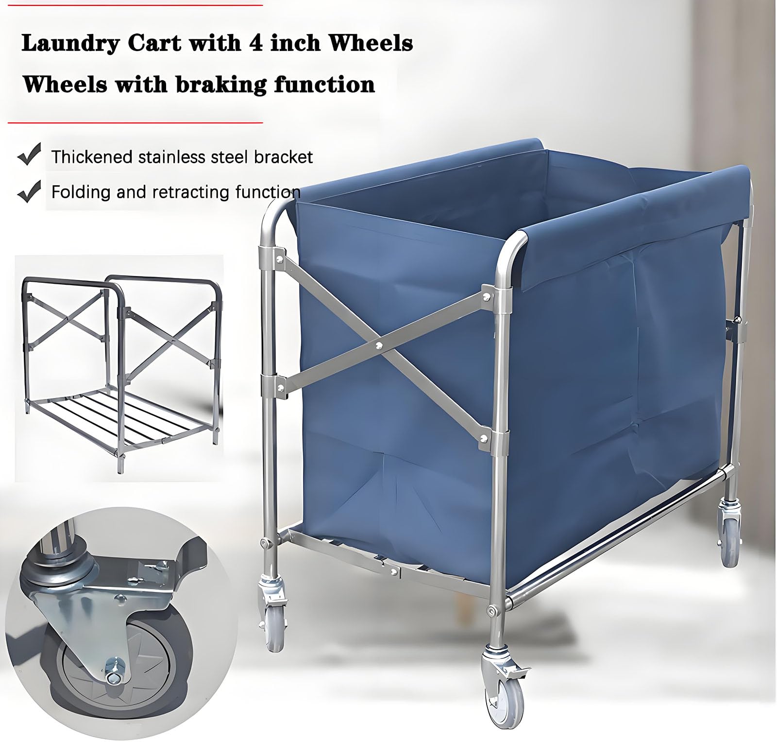 Collapsible Laundry Cart with Wheels Commercial 12 Bushel Folding Laundry Basket, Heavy Duty Rolling Laundry Hamper with Removable Waterproof Oxford Bag and Reinforced Steel Frame, 330 lbs Load ﻿