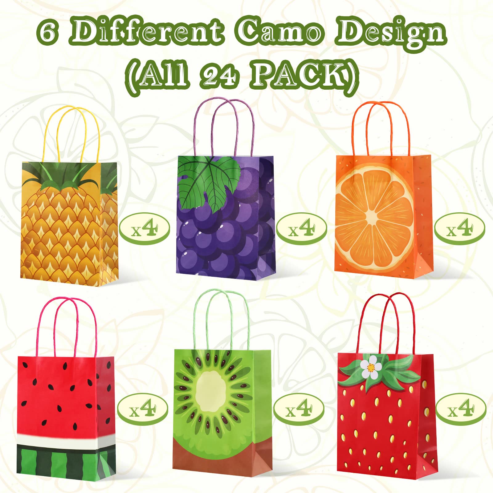 24 Pieces Summer Fruit Party Favor Bags, Paper Tutti Frutti Gift Treat Bag with Colorful Handle Candy Goodie Bag for Themed Birthday Baby Shower Party Supplies (Watermelon Kiwi Strawberry Orange)