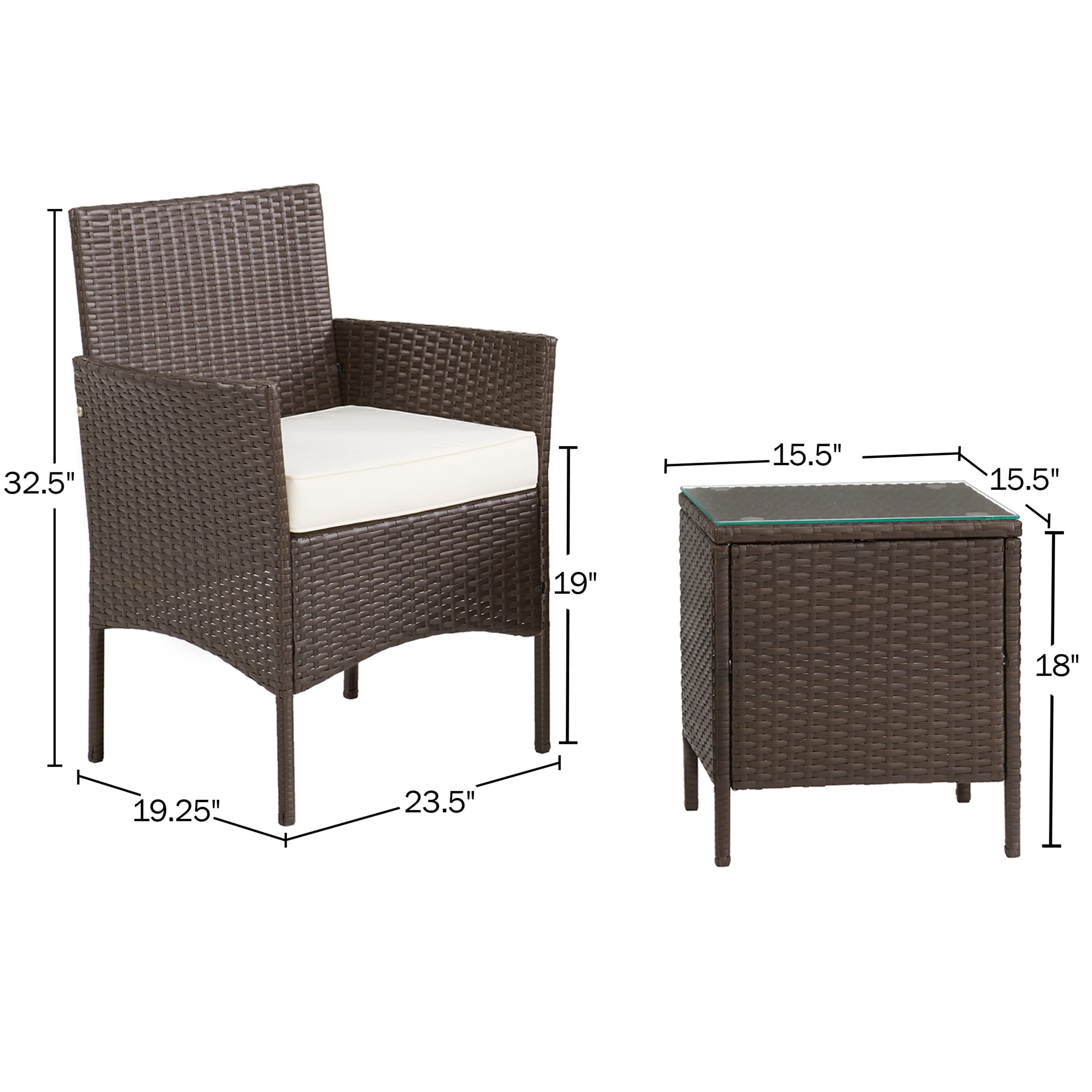 Lavish Home 80-OUTD-WK-CUSHCHTBL (Brown) Outdoor Patio Set – 3-Piece Rattan Seating Combo with 2 Cushioned Chairs and Table for Deck or Front Porch Furniture