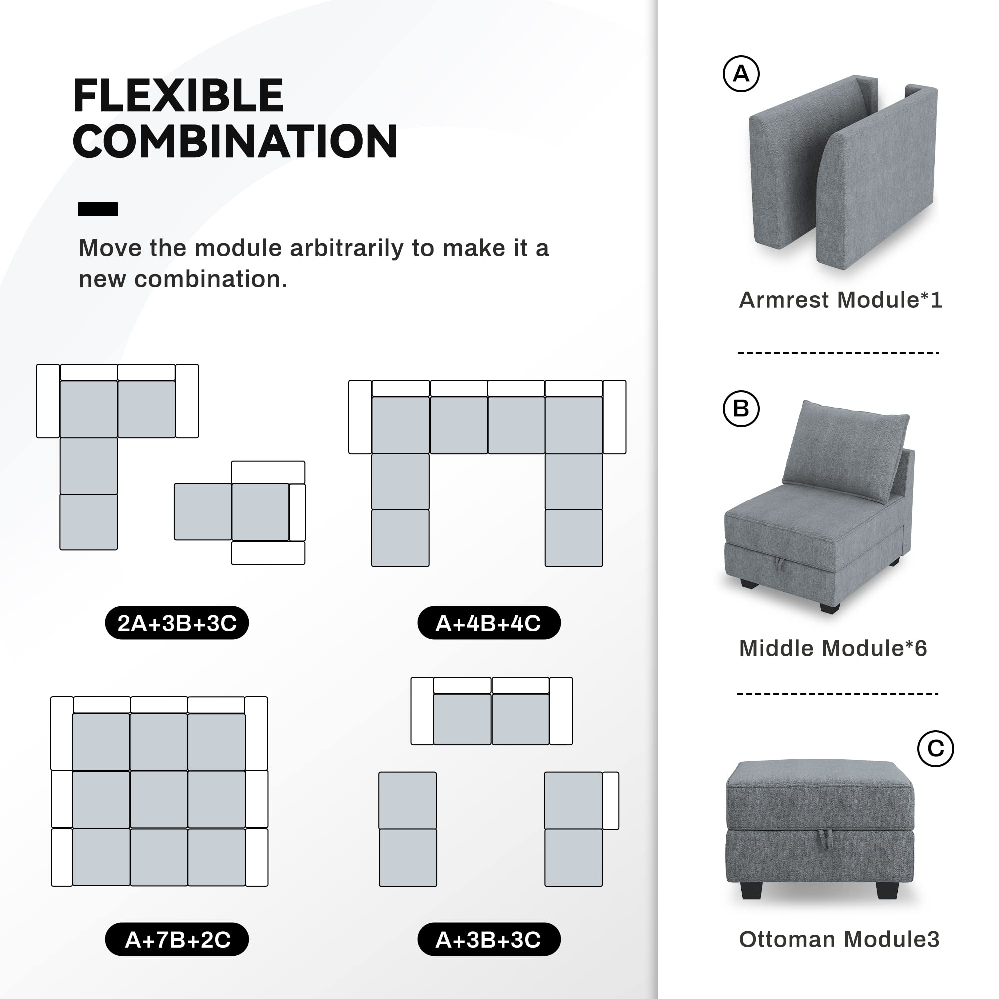 HONBAY Modern L Shaped Sectional Sofa for Small Space Fabric Modular Sofa with Chaise Loveseat Sofa with Ottoman and Storage Seat, Bluish Grey