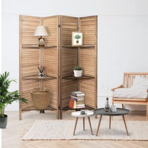 Babion 4 Panels Room Divider, Privacy Screen Room Dividers and Folding Privacy Screen, Room Dividers with 3 Display Shelves, 5.6 Ft Tall Wood Room Divider, Partition Wall for Home Office, Brown