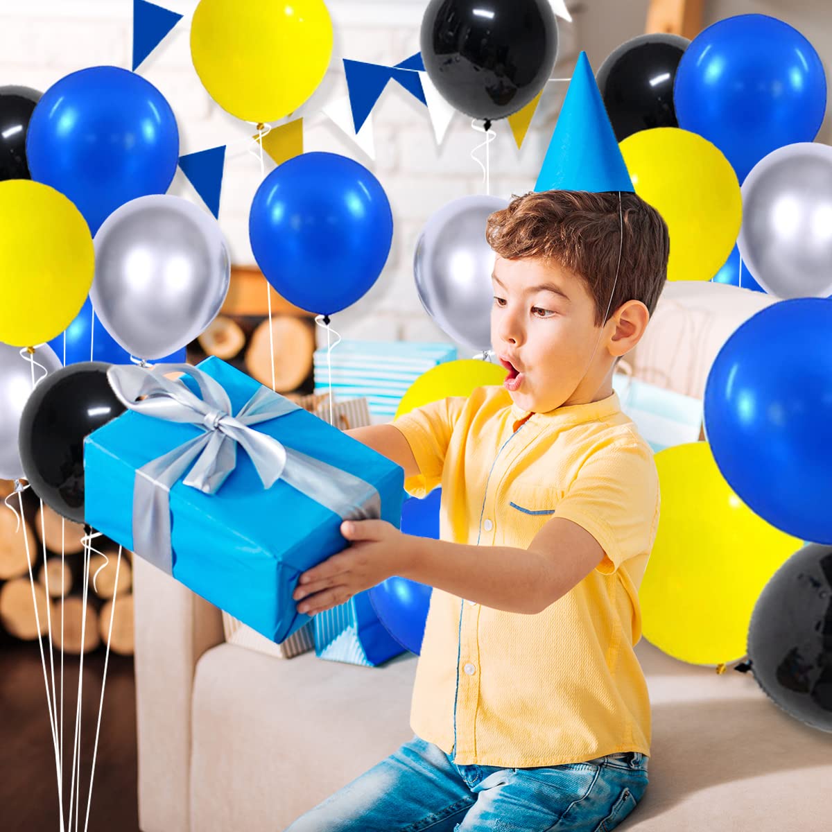 Blue Yellow Black Silver Balloon Garland Arch - Blue Black Balloons Balloons Blue Yellow Balloons Metallic Silver and Black Balloons for Boys Police Robots Bat Hero Birthday Graduation Halloween Party