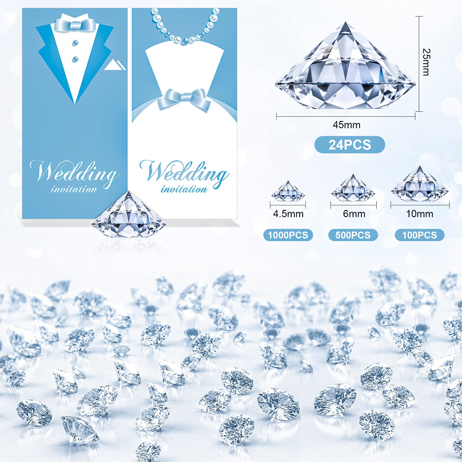 1624 Piece Diamond Place Card Holders Decorations includes 24 Pieces Acrylic table Number Holders for Wedding and 1600 Pieces Crystal Confetti Clear Diamond for Party Weddings