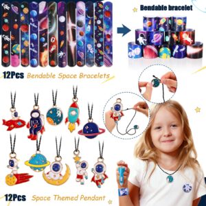 84 Pcs Outer Space Party Favors Space Birthday Decorations Space Tattoos Space Slap Bracelet Astronaut Pendants Badges Keychains Thank You Cards Gift Bags for Boy Kids Galaxy Birthday Party Supplies