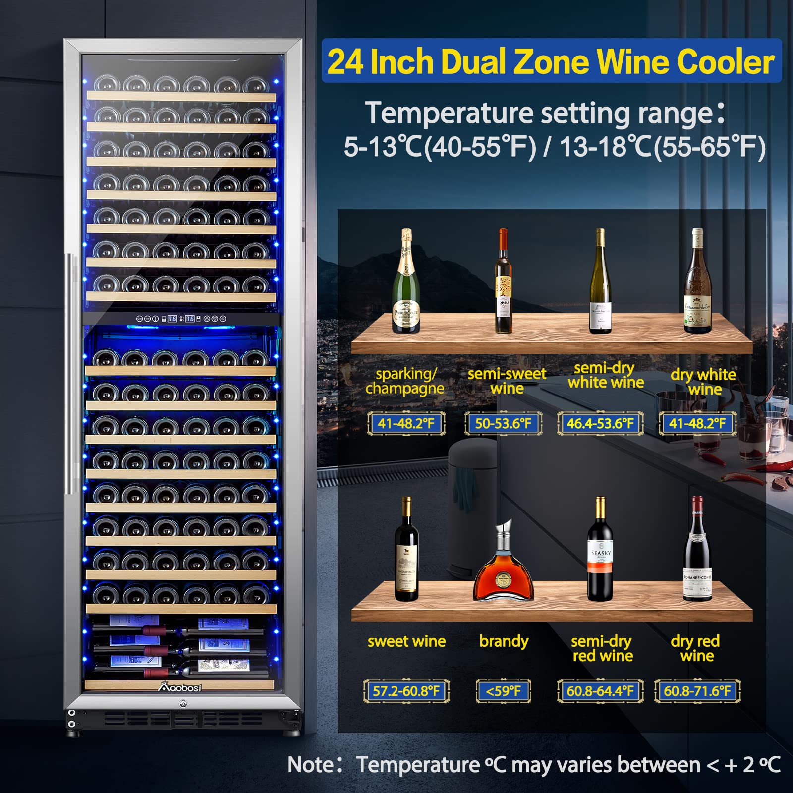 AAOBOSI Wine Cooler Dual Zone 24 Inch, 176 Bottles Wine Refrigerator, Freestanding Wine Fridge with Intelligent Temperature Memory & Humidity Control Compressor Cooling, Quiet Operation