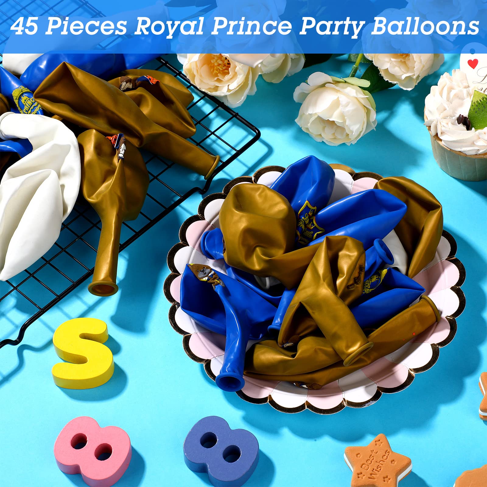 45 Pcs Royal Prince Balloons Blue and Gold Castle Crown Latex Balloon 12 Inches Prince Birthday Party Balloons Royal Blue Gold White Balloons for Baby Shower and Boys Birthday Theme Party Decoration