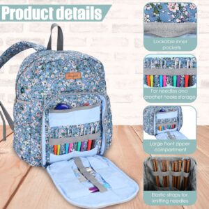 Hanfetch Yarn Storage Organizer Knitting Bag Backpack Large size with Grommets Portable Crochet Bag Yarn Keeper for Yarn Skeins， Crochet Hooks, Knitting Needles and Other Accessories (Flower-Blue)