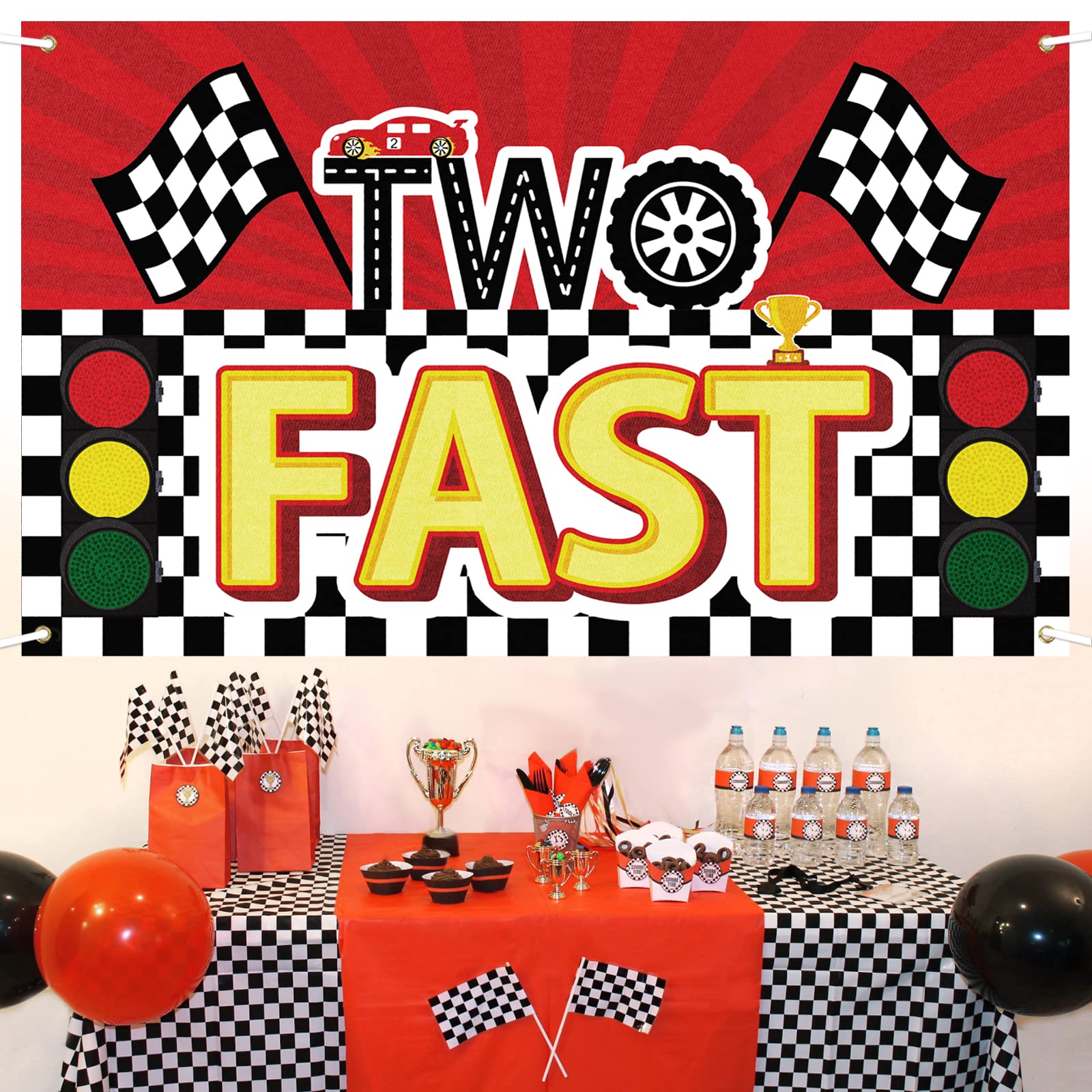 LASKYER Racing Car Two Fast Large Banner - Cheers to 2nd Birthday Home Wall Photoprop Backdrop,2nd Birthday Party Decorations.