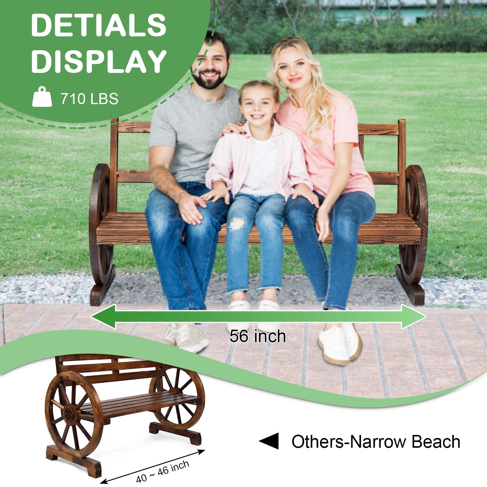 Kinpaw Rustic Wooden Wagon Wheel Bench 3-Person Fir Wood Seat Bench with Backrest for Bench Patio Garden Patio Furniture