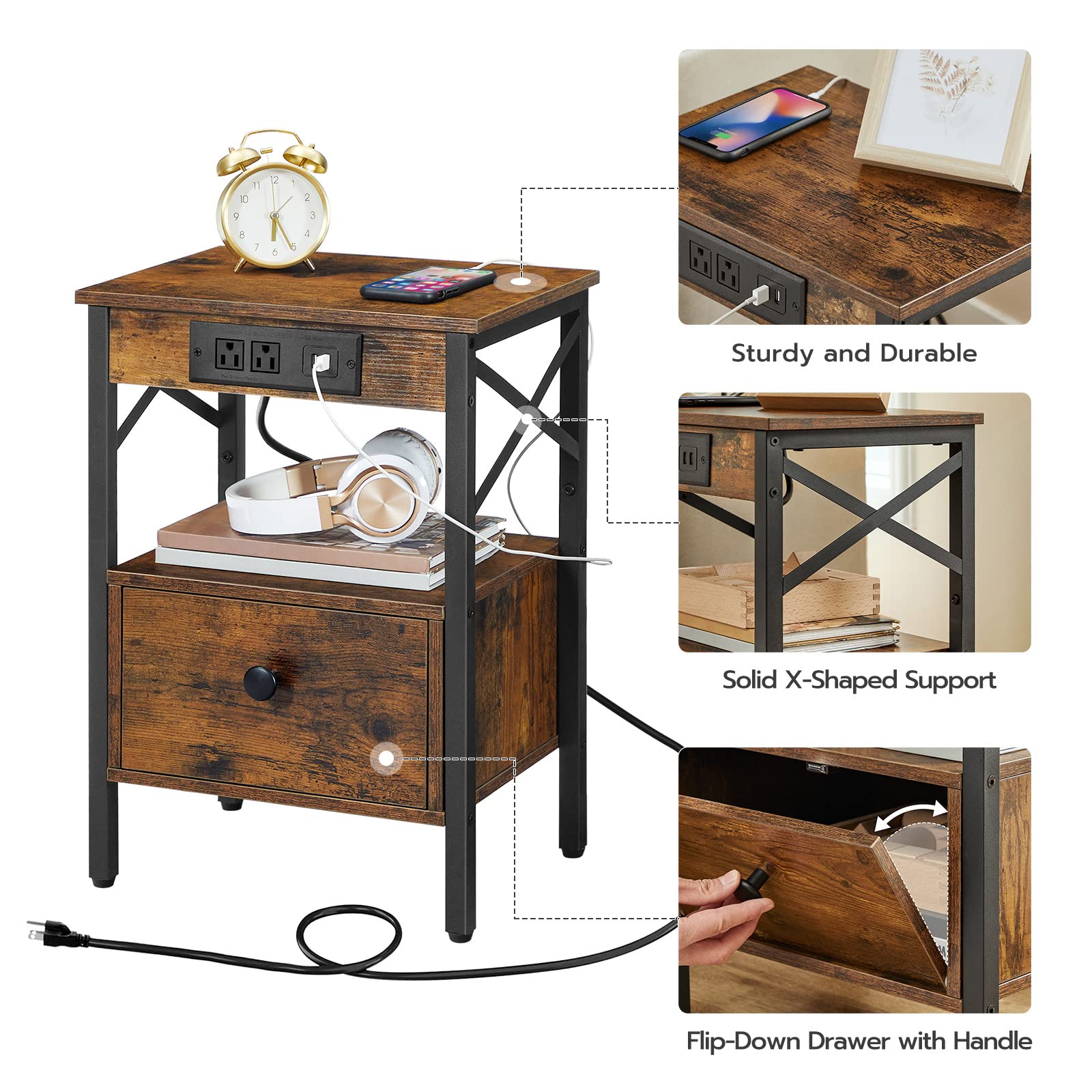 HOOBRO Nightstand with Charging Station, End Table with Drawer, USB Ports and Power Outlets, Farmhouse Nightstand Bedside Table for Bedroom, Space Saving, Rustic Brown BF128UBZ01G1