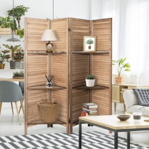 Babion 4 Panels Room Divider, Privacy Screen Room Dividers and Folding Privacy Screen, Room Dividers with 3 Display Shelves, 5.6 Ft Tall Wood Room Divider, Partition Wall for Home Office, Brown