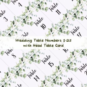 52 Pieces Wedding Table Numbers Cards 1-25 with Head Table Card Rustic Greenery Eucalyptus Table Cards Double Sided Table Place Cards and Gold Heart Wire Table Card Holder for Party Reception Birthday