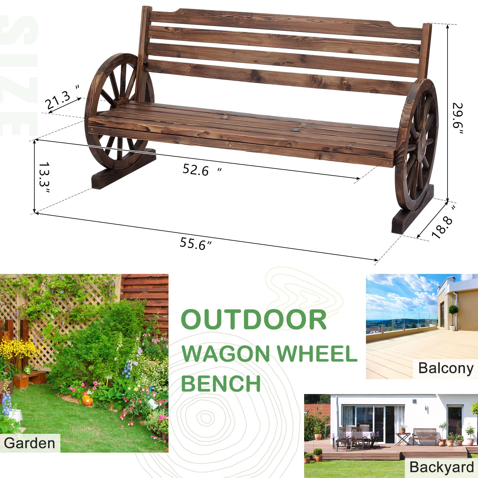 Kinpaw Rustic Wooden Wagon Wheel Bench 3-Person Fir Wood Seat Bench with Backrest for Bench Patio Garden Patio Furniture