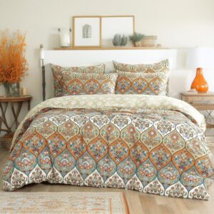 dada bedding bohemian duvet cover w/pillow cases - reversible coral teal floral paisley botanical garden party - bright vibrant multi-colorful blue salmon pink - full - 3-pieces