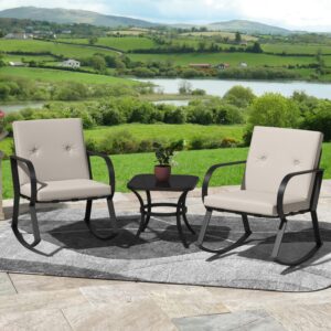 Flamaker Patio Chairs 3 Piece Outdoor Rocking Chairs Upgraded Metal Bistro Set with Thickened Cushions & Coffee Table Modern Patio Furniture for Porch, Balcony and Lawn (Beige)