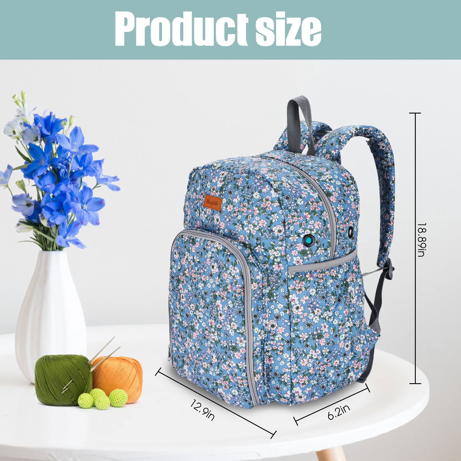 Hanfetch Yarn Storage Organizer Knitting Bag Backpack Large size with Grommets Portable Crochet Bag Yarn Keeper for Yarn Skeins， Crochet Hooks, Knitting Needles and Other Accessories (Flower-Blue)