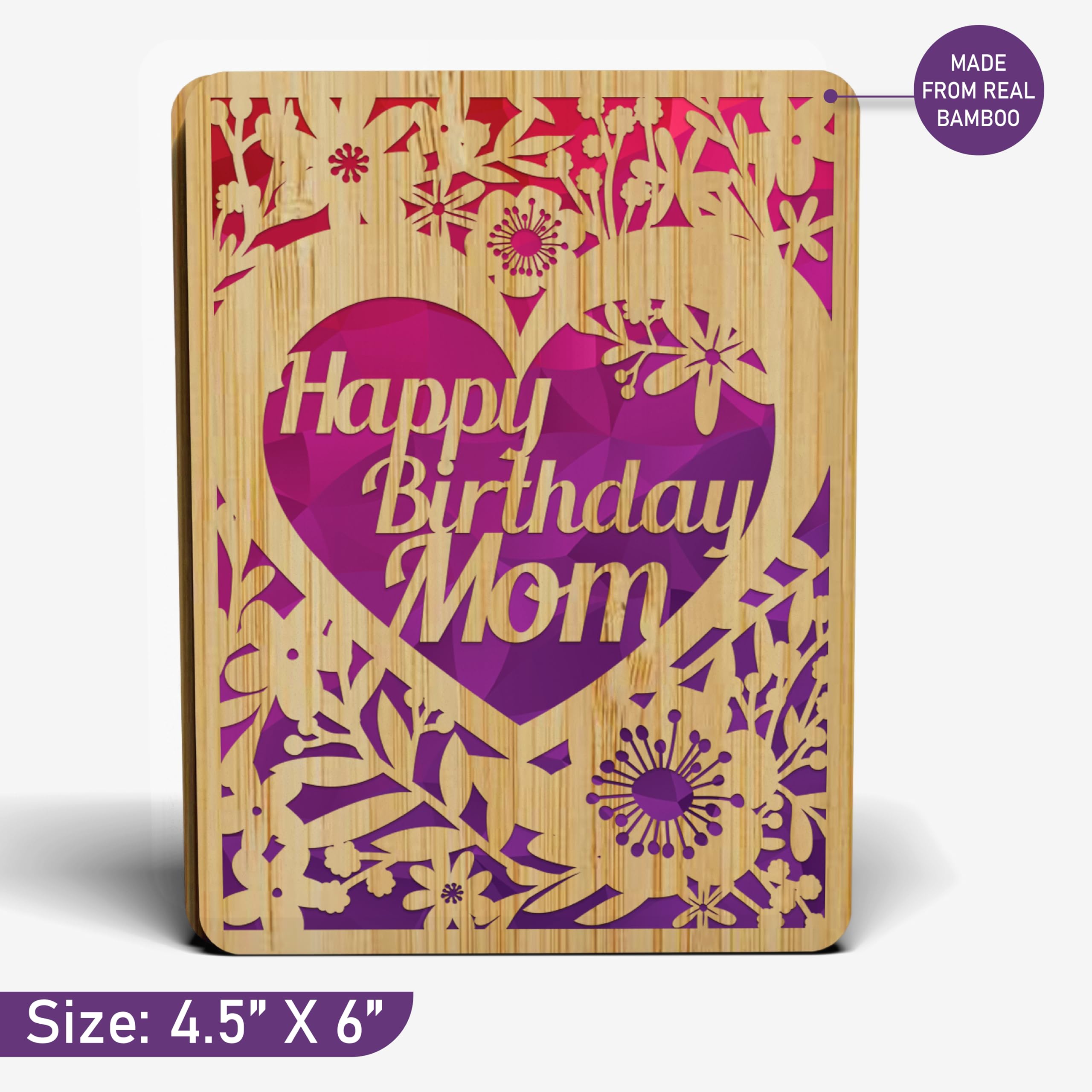 AGAPE LOVE CARDS Happy Birthday Card For Mom - | Made From Real Bamboo | 6" X 4.5" - 1 Pack (Envelope Included) | Laser Cut, Floral Birthday Card for Mom from Daughter or Son.