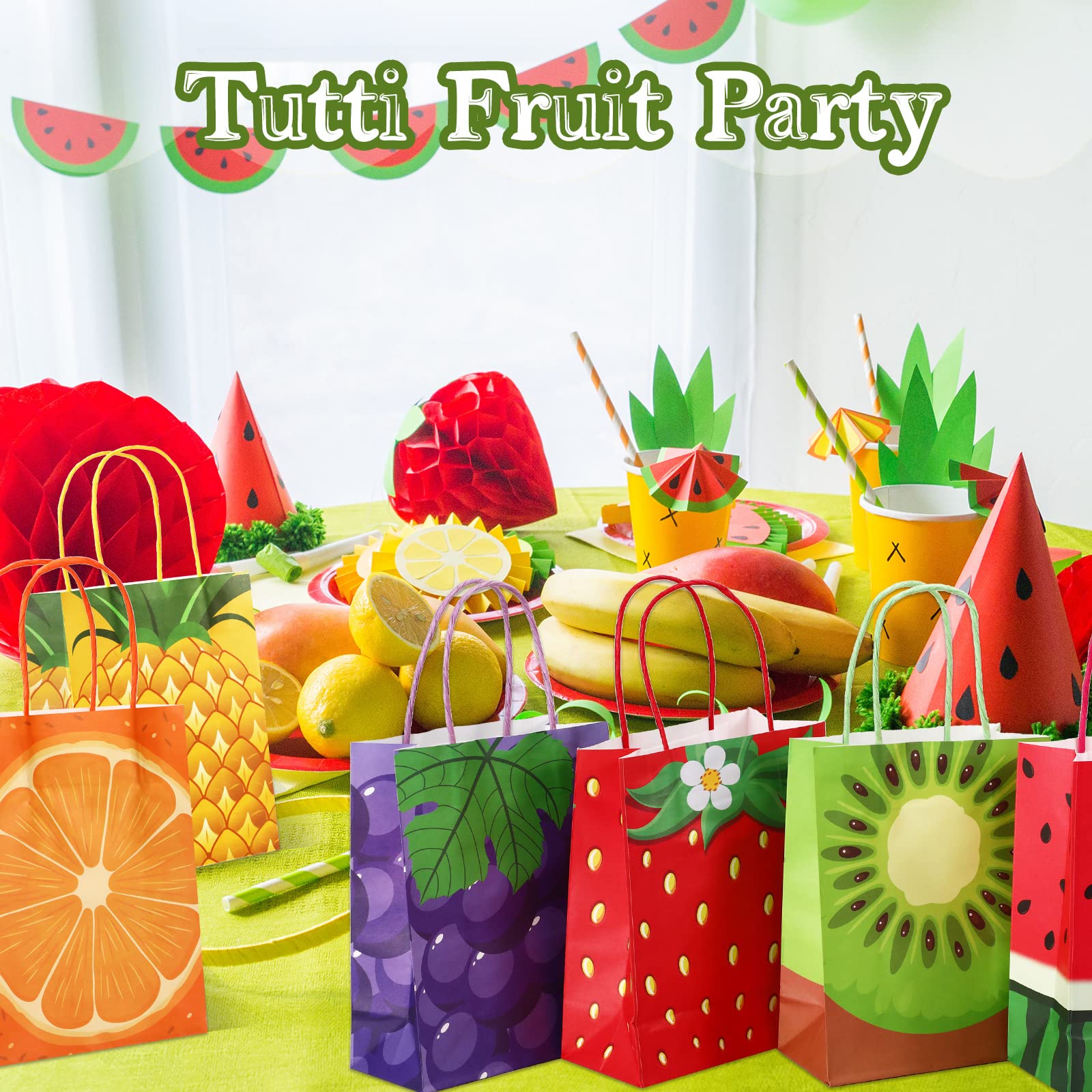 24 Pieces Summer Fruit Party Favor Bags, Paper Tutti Frutti Gift Treat Bag with Colorful Handle Candy Goodie Bag for Themed Birthday Baby Shower Party Supplies (Watermelon Kiwi Strawberry Orange)