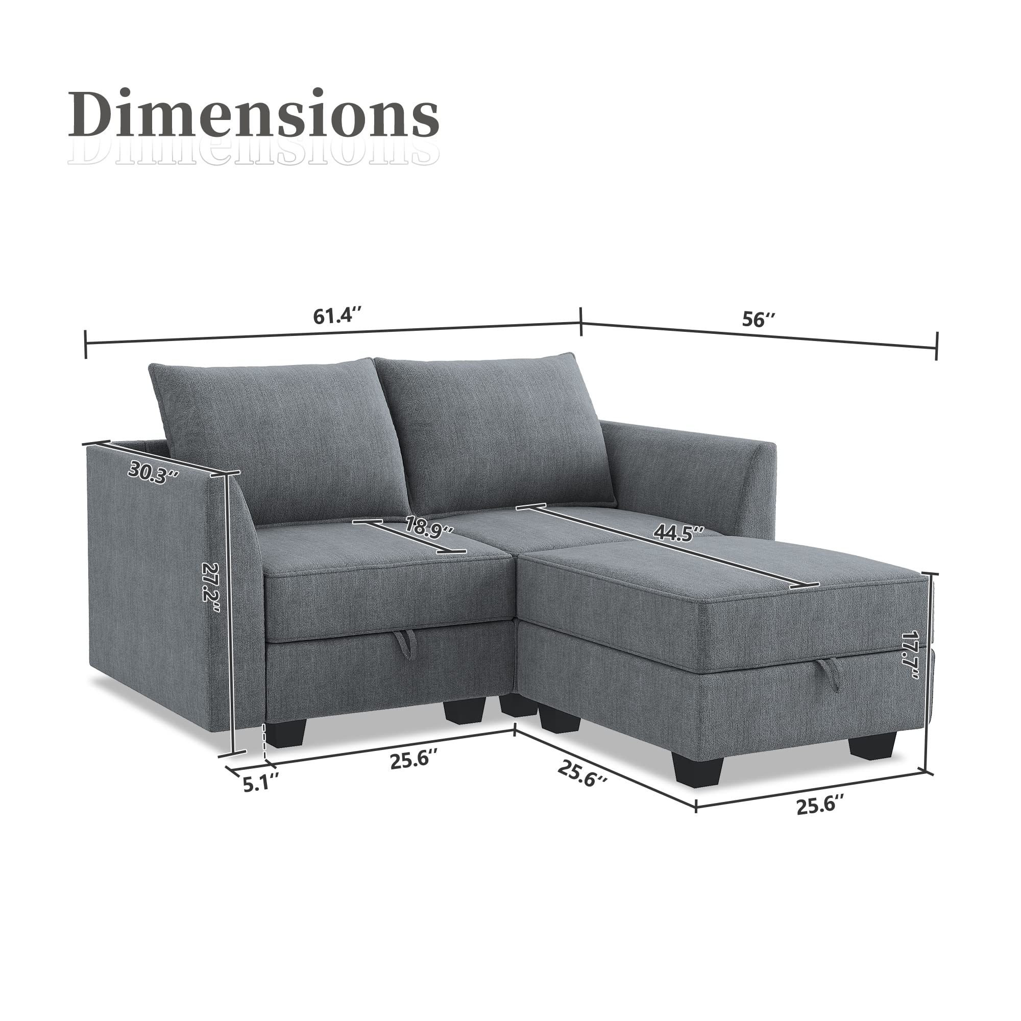 HONBAY Modern L Shaped Sectional Sofa for Small Space Fabric Modular Sofa with Chaise Loveseat Sofa with Ottoman and Storage Seat, Bluish Grey