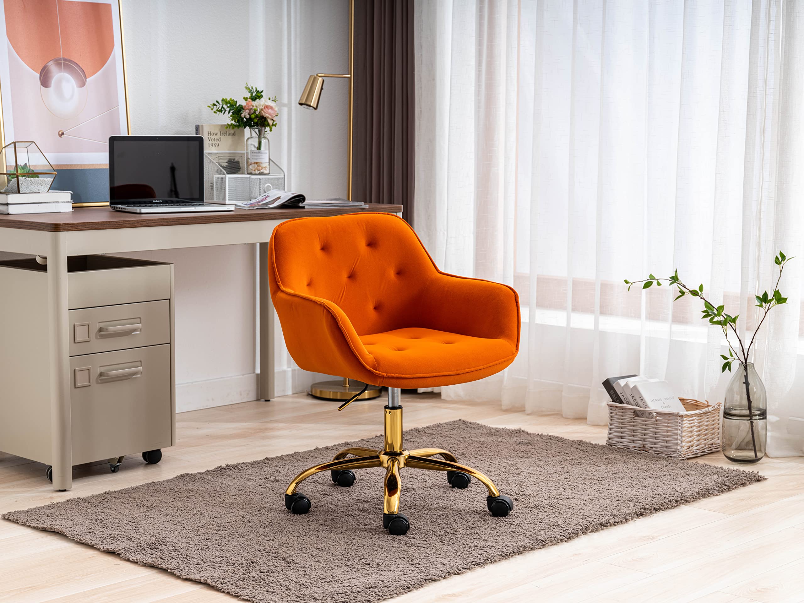 ZOBIDO Comfy Home Office Task Chair with Wheels, Cute Modern Upholstered Velvet Back Adjustable Swivel Vanity Desk Chair, for Women,for Girls, Living Room, Bedroom(Dark Orange)