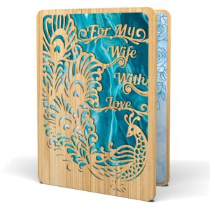 agape love cards happy birthday card for wife - | made from real bamboo | 5" x 7" - 1 pack | laser cut, peacock themed wife birthday card from husband or significant other