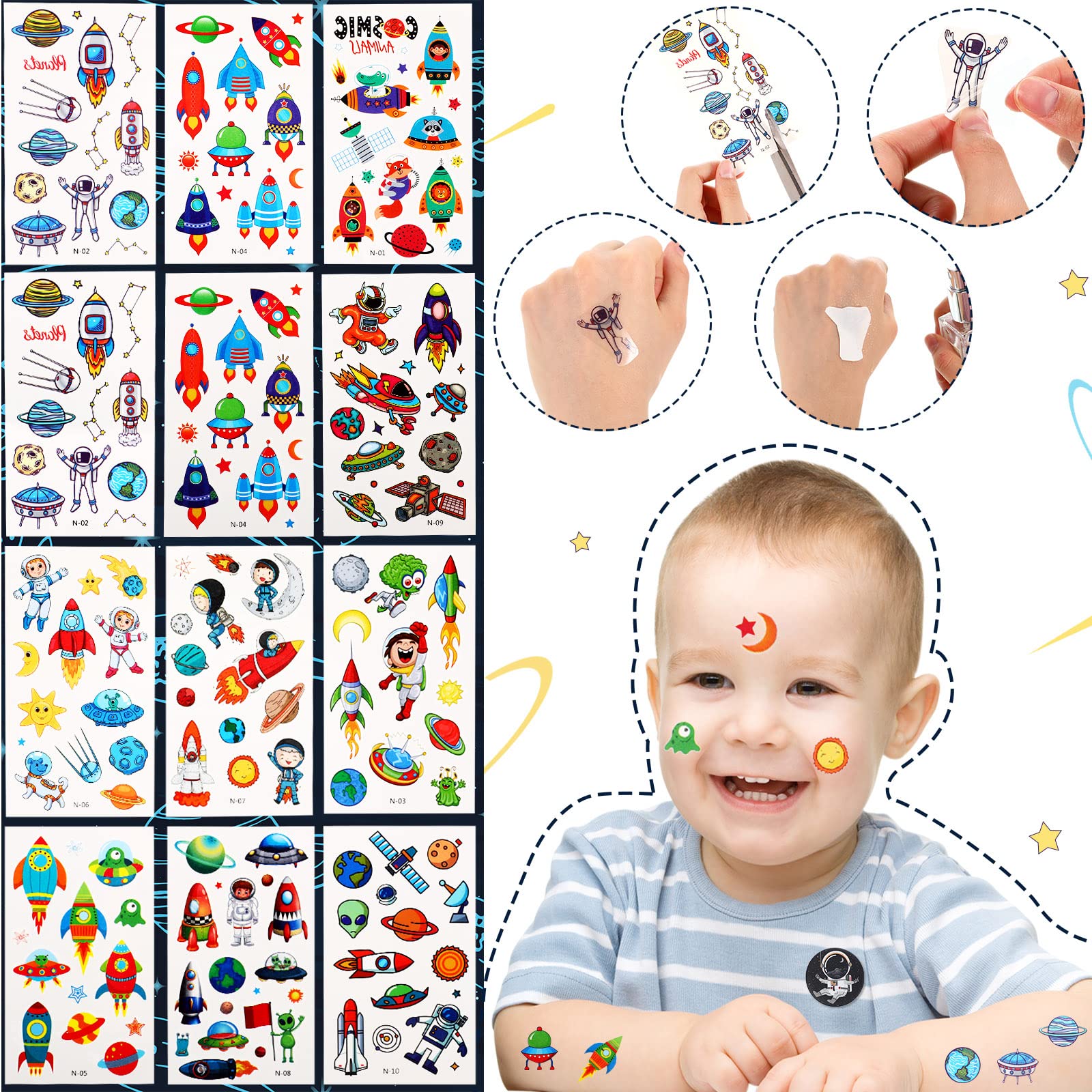 84 Pcs Outer Space Party Favors Space Birthday Decorations Space Tattoos Space Slap Bracelet Astronaut Pendants Badges Keychains Thank You Cards Gift Bags for Boy Kids Galaxy Birthday Party Supplies