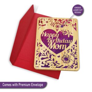 AGAPE LOVE CARDS Happy Birthday Card For Mom - | Made From Real Bamboo | 6" X 4.5" - 1 Pack (Envelope Included) | Laser Cut, Floral Birthday Card for Mom from Daughter or Son.