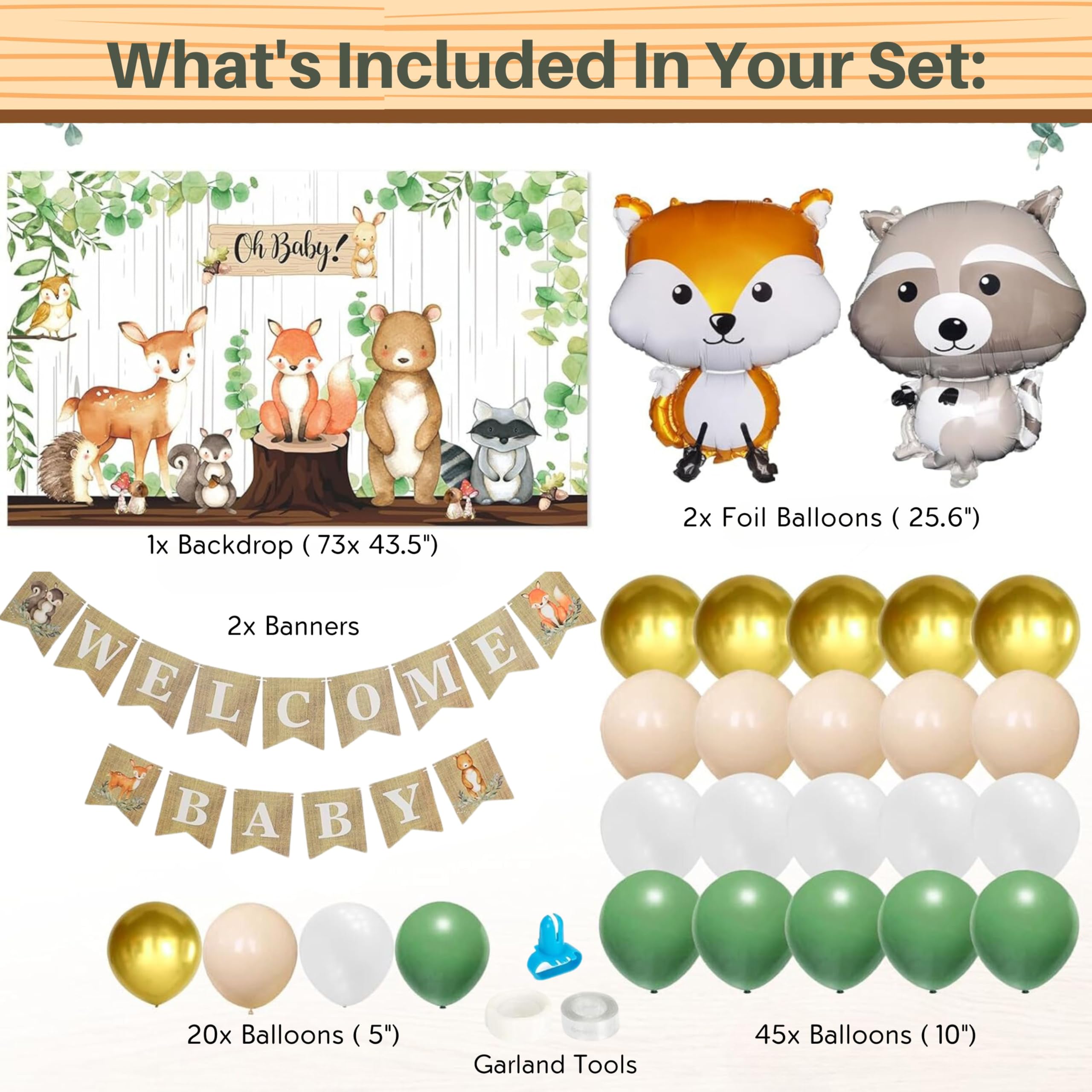 MEGA 257 Pc Woodland Baby Shower Decorations Boy & Girl Kit, Forest Animal Theme, Gender Neutral Baby Shower Decor, BABY boxes, Backdrop, Banner, Balloon Garland, Tablecloth, Plates Cups -20 Guests