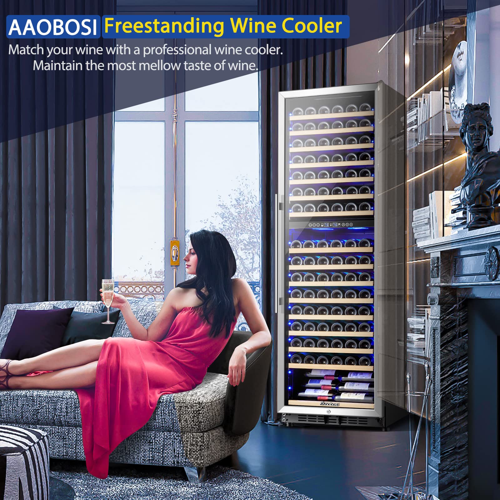 AAOBOSI Wine Cooler Dual Zone 24 Inch, 176 Bottles Wine Refrigerator, Freestanding Wine Fridge with Intelligent Temperature Memory & Humidity Control Compressor Cooling, Quiet Operation