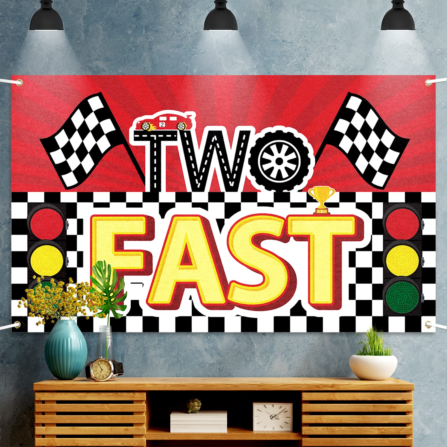 LASKYER Racing Car Two Fast Large Banner - Cheers to 2nd Birthday Home Wall Photoprop Backdrop,2nd Birthday Party Decorations.