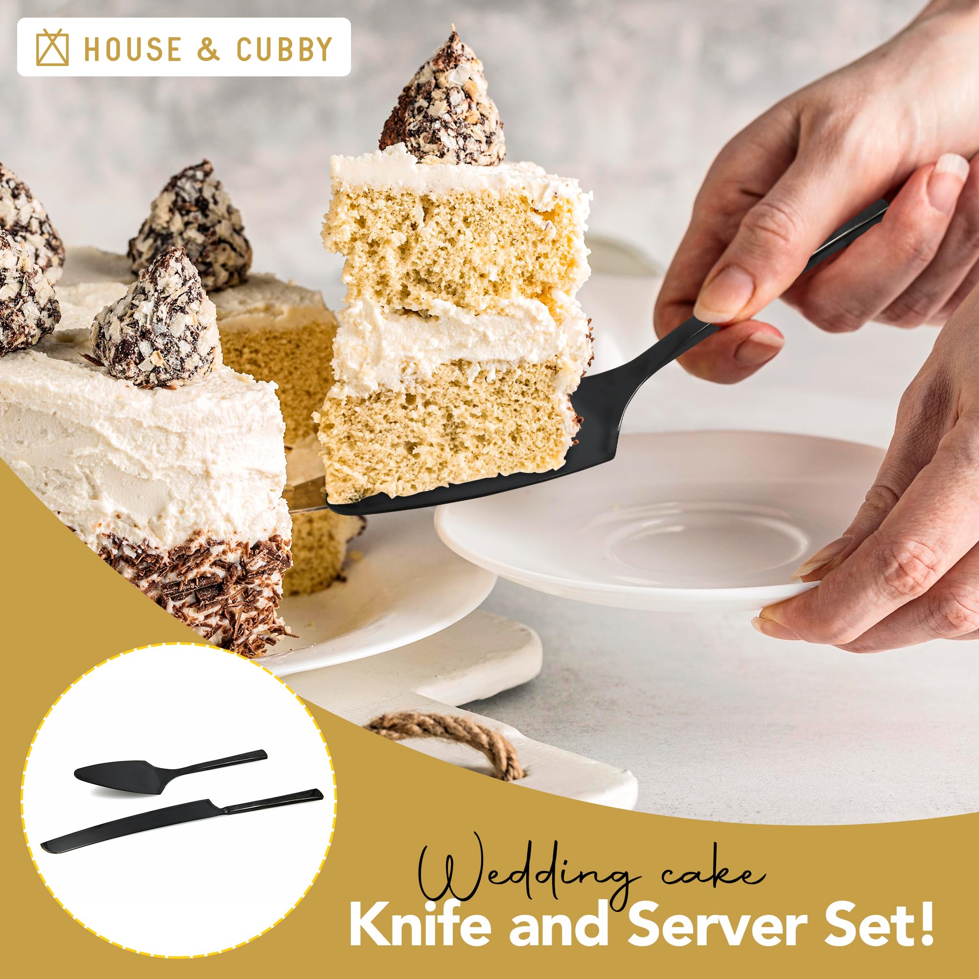 House & Cubby Wedding Cake Knife and Server Set - Black Cake Cutting Set for Wedding Serving and Cutting. Our Black Knife Set is the Perfect Wedding Cake Cutting Set and Wedding Registry Idea.