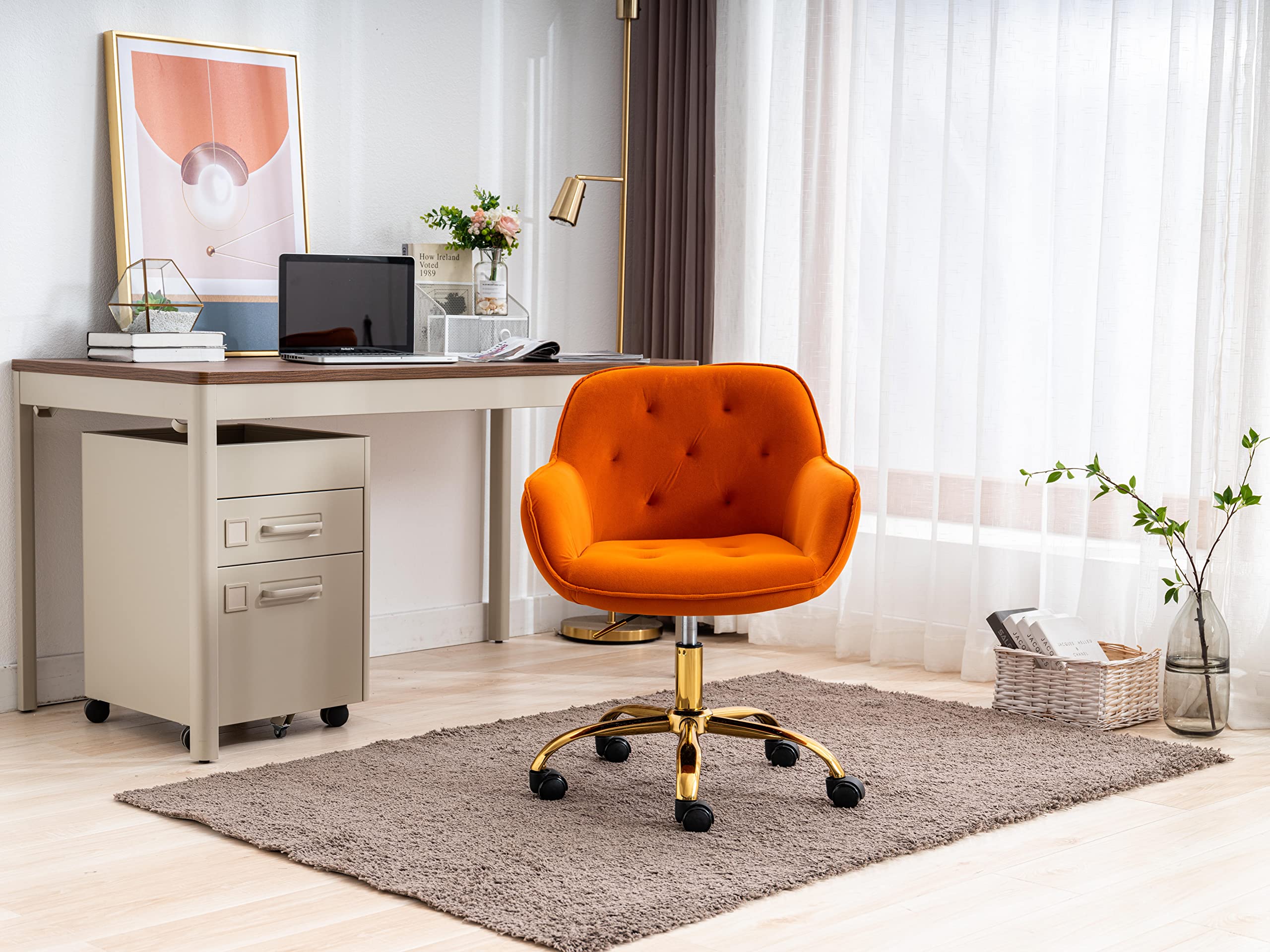 ZOBIDO Comfy Home Office Task Chair with Wheels, Cute Modern Upholstered Velvet Back Adjustable Swivel Vanity Desk Chair, for Women,for Girls, Living Room, Bedroom(Dark Orange)