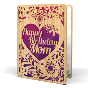 agape love cards happy birthday card for mom - | made from real bamboo | 6" x 4.5" - 1 pack (envelope included) | laser cut, floral birthday card for mom from daughter or son.