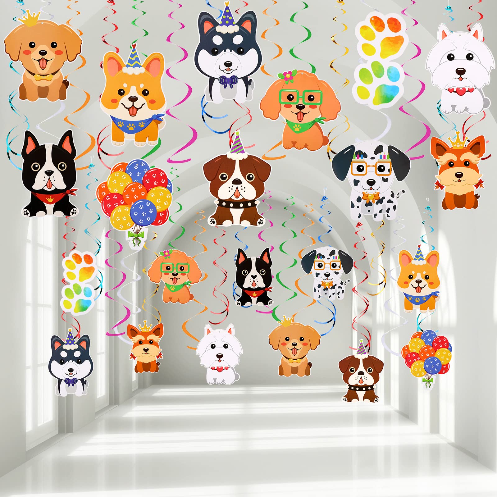 Nezyo 30 Pcs Dog Paw Prints Puppy Hanging Swirls Ceiling Streamers Decorations Dog Birthday Party Supplies Dog Hanging Paper Cutout Garland Banner Party Favors with Cards for Girl Boy Kid Baby Shower