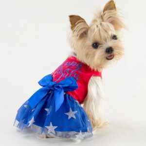 Fitwarm Happy 4th of July Dog Tulle Dress, Patriotic Dog Clothes for Small Dogs Girl, Red and White Star Pet Outfit, Red, Royal Blue, Large