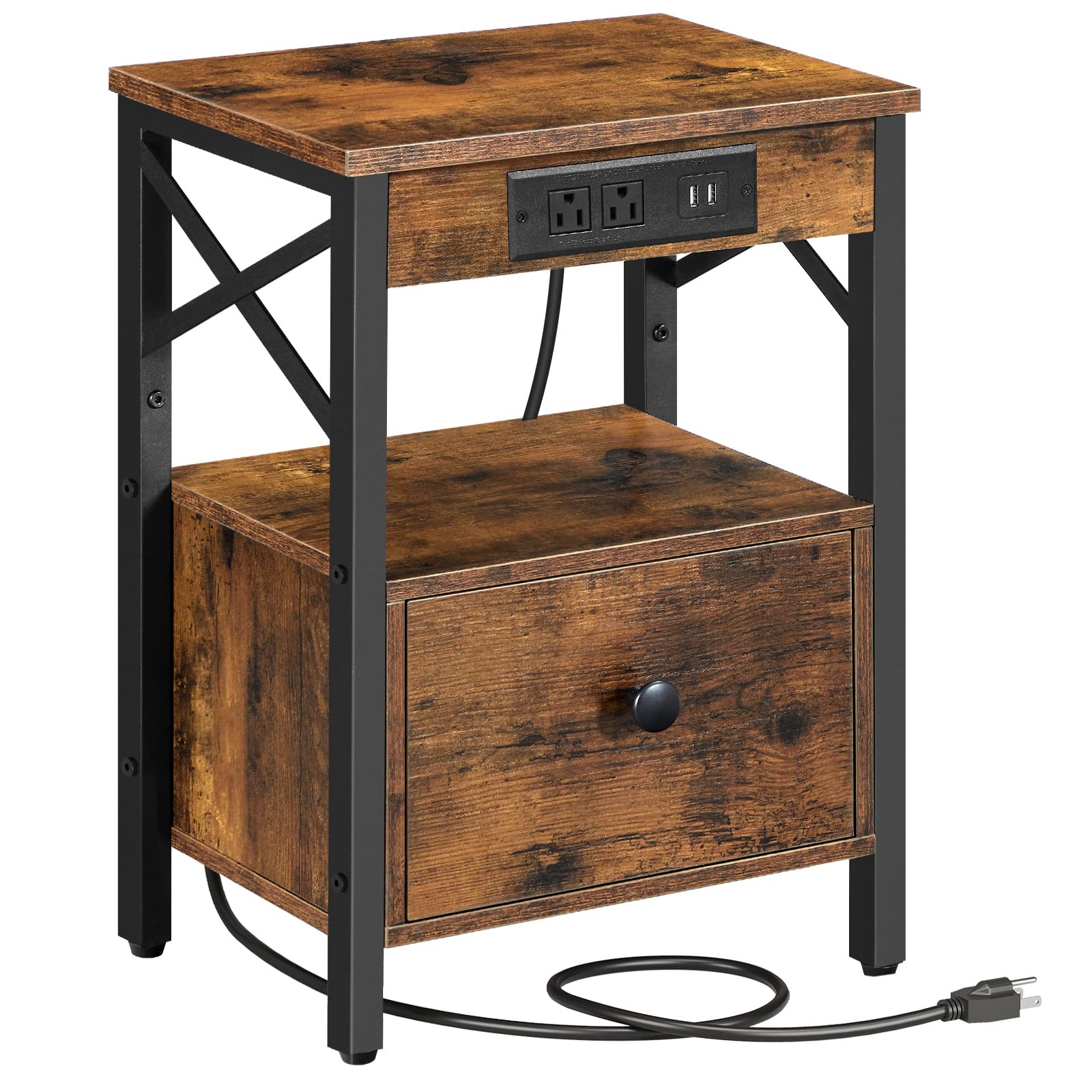 HOOBRO Nightstand with Charging Station, End Table with Drawer, USB Ports and Power Outlets, Farmhouse Nightstand Bedside Table for Bedroom, Space Saving, Rustic Brown BF128UBZ01G1