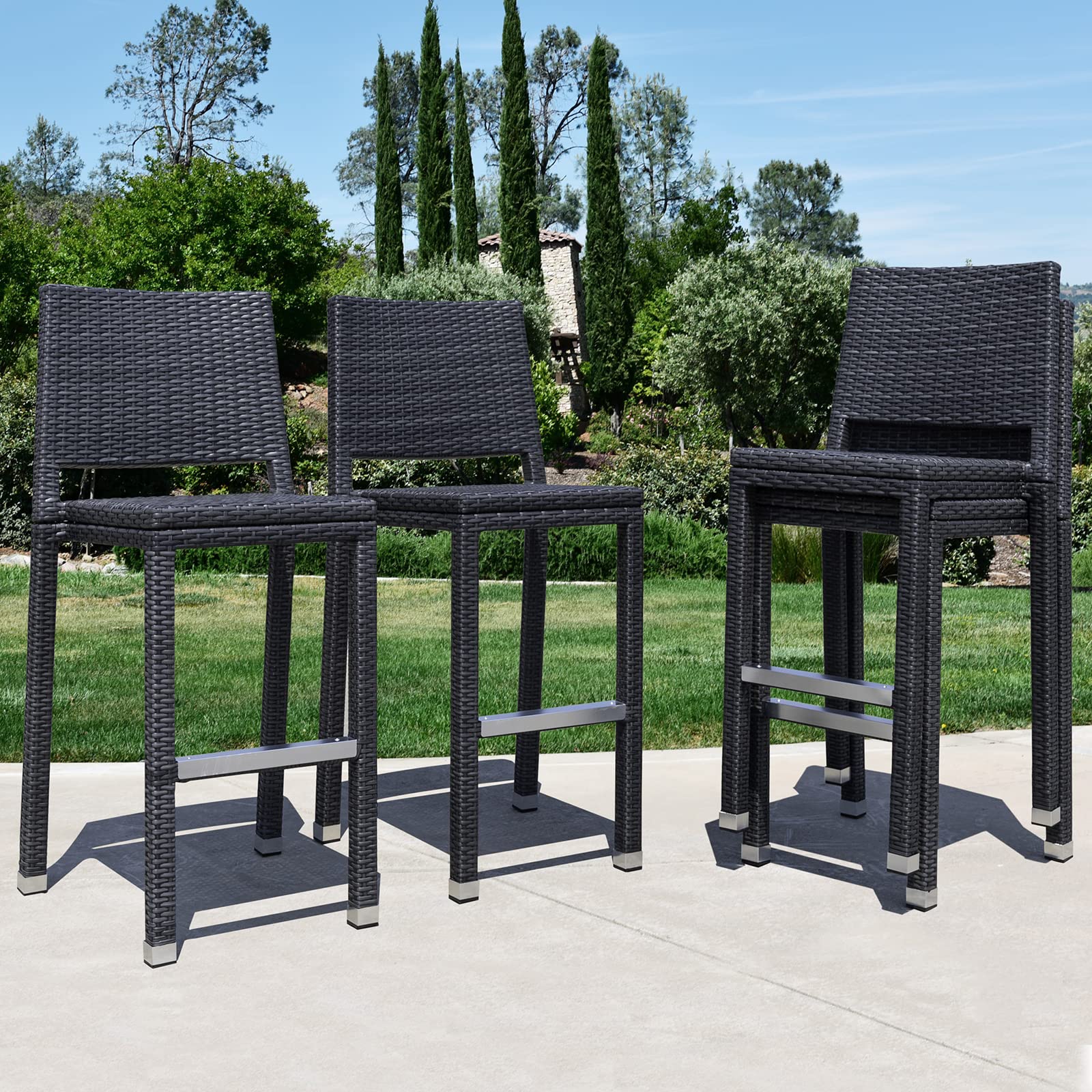 CAELUM 30" Bar Height Outdoor Patio Stools Set of 4, Modern Hand-Woven Wicker Barstools with Mid-Backrest & Footrest, Durable Aluminum Frame Armless Bar Chair for Garden, Backyard, Pool, Lawn, BS046