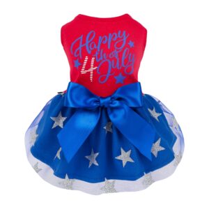 fitwarm happy 4th of july dog tulle dress, patriotic dog clothes for small dogs girl, red and white star pet outfit, red, royal blue, large