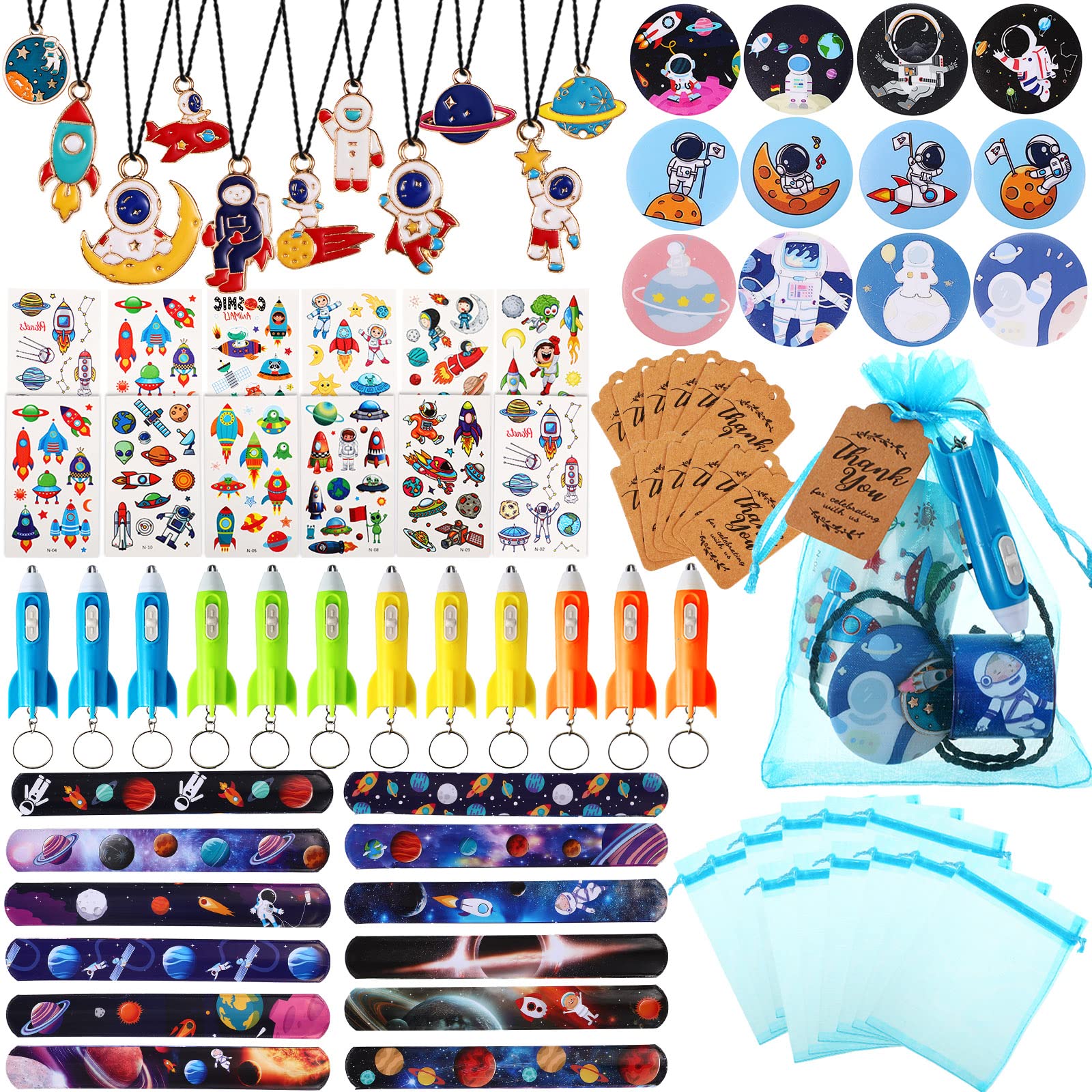 84 Pcs Outer Space Party Favors Space Birthday Decorations Space Tattoos Space Slap Bracelet Astronaut Pendants Badges Keychains Thank You Cards Gift Bags for Boy Kids Galaxy Birthday Party Supplies