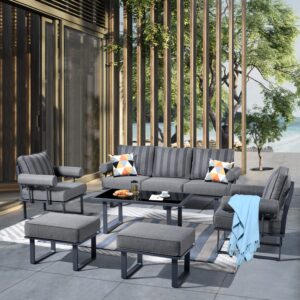 hooowooo aluminum patio conversation set of 6 pieces weather resistant outdoor furniture sofa set with armrest cushion,armchairs,ottomans and coffee table,gray frame gray stripes cushions