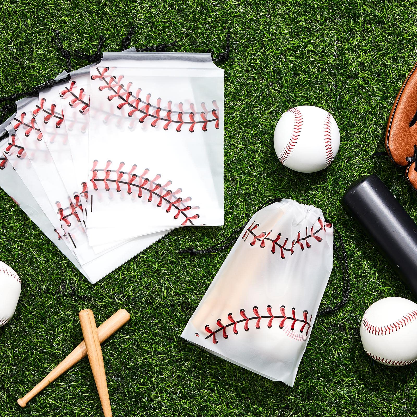 Flutesan 50 Pack Drawstring Baseball Party Favor Bags Plastic Baseball Snack Bags Baseball Goodie Bags Baseball Gift Bags for Kids Boys Birthday Baseball Theme Party Supplies, 6 x 8 Inch (Baseball A)