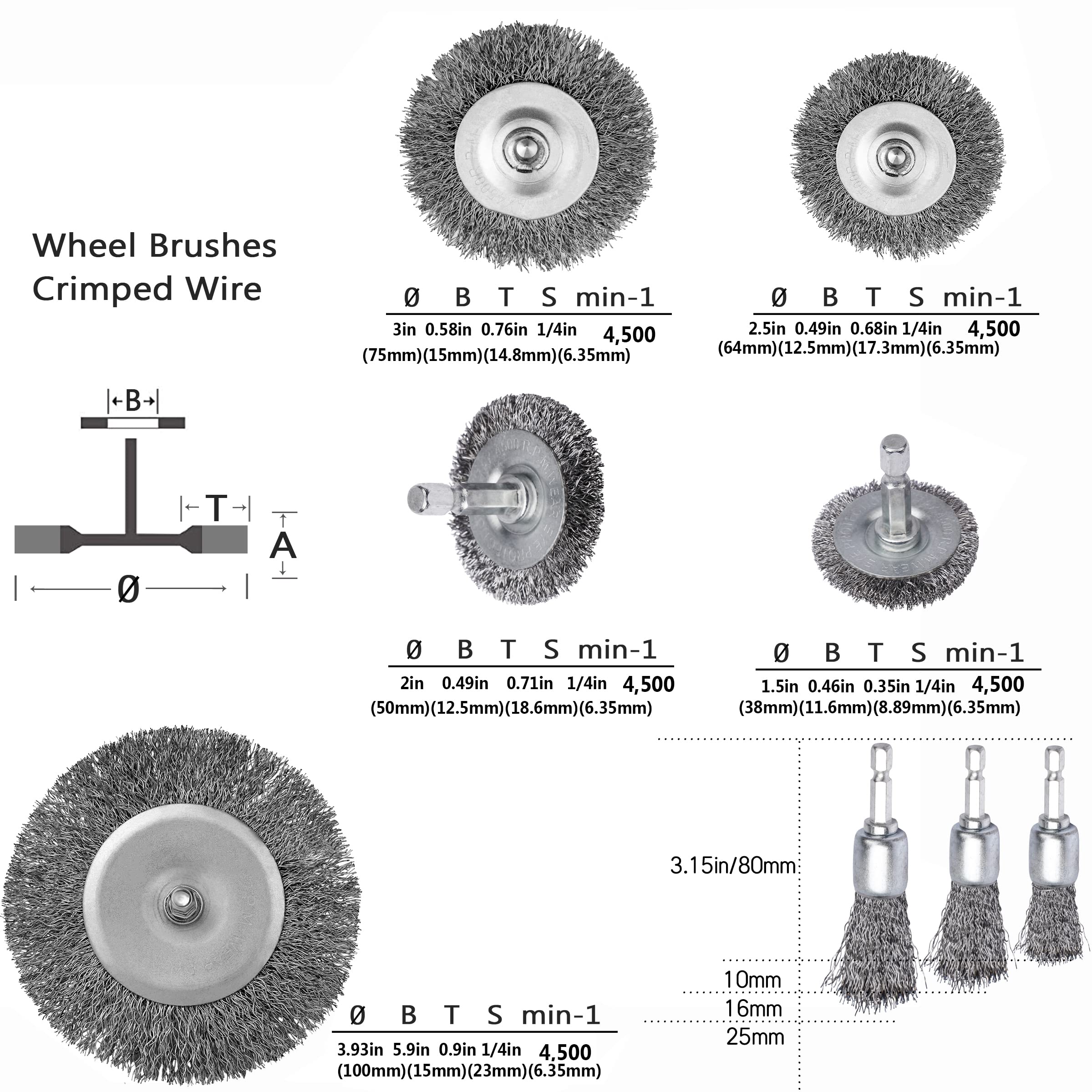 BAILUK Wire Wheel Cup Brush Set,0.012-Inch Coarse Crimped Carbon Steel,Die Grinder Wire Brush for Drill,1/4In Hex Shank,Wire Drill Brush Set (32 Pack)