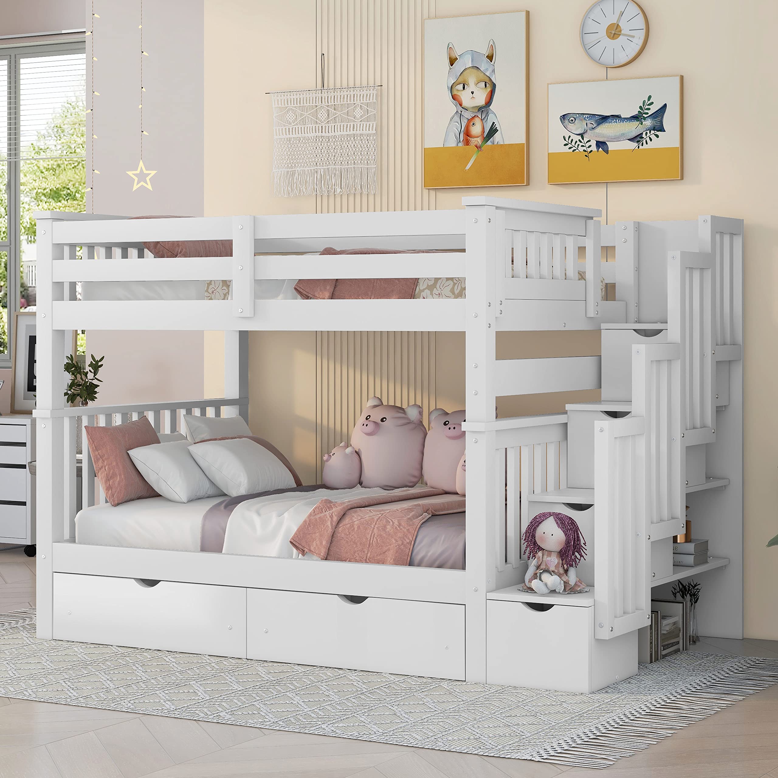 Full Over Full Bunk Bed with Shelves and 6 Storage Drawers, Solid Wooden Bunk Bed Frame with Storag Staircase, Safety Guardrail for Kids Teens Adults, No Box Spring Needed (White)