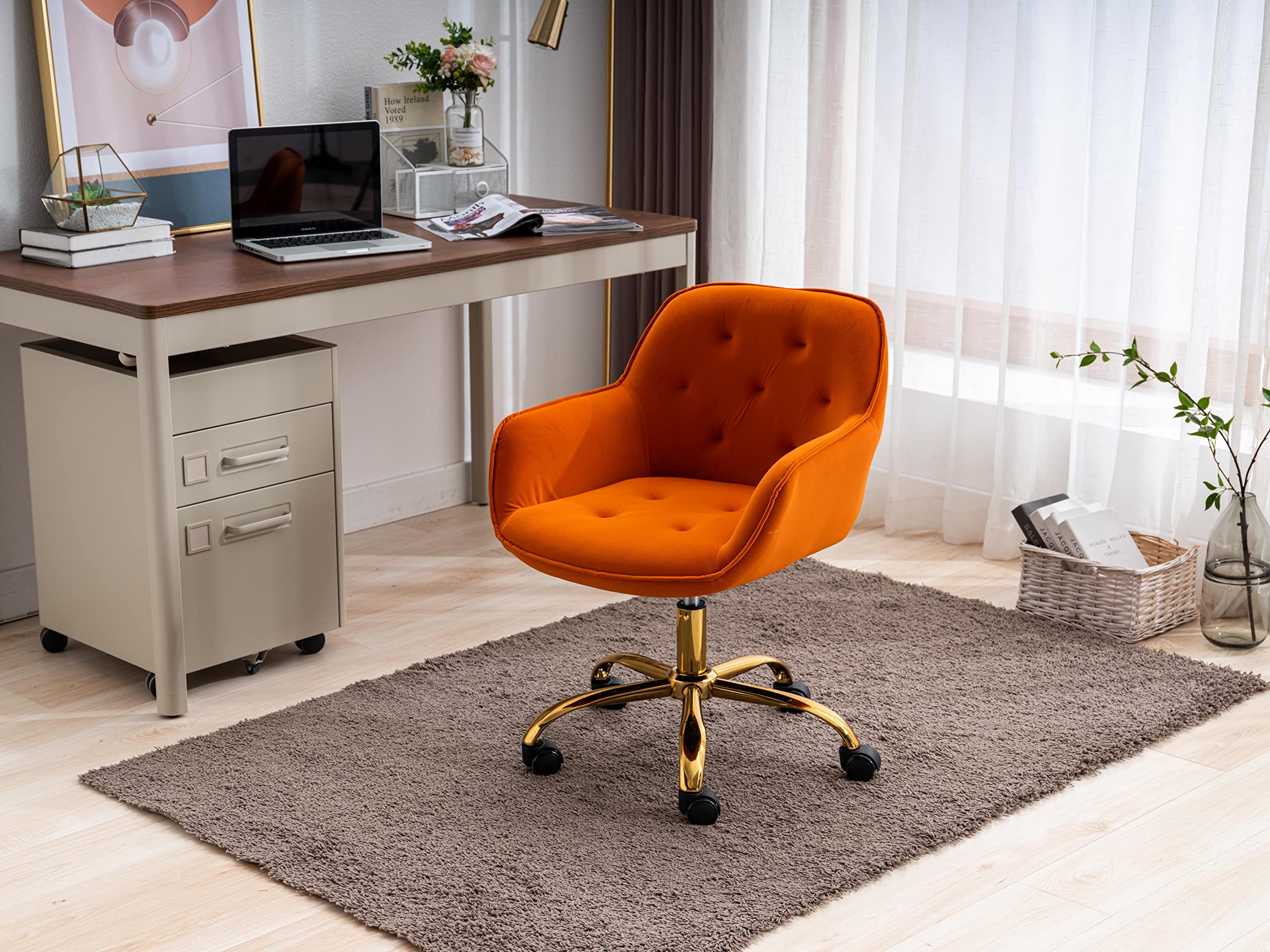 ZOBIDO Comfy Home Office Task Chair with Wheels, Cute Modern Upholstered Velvet Back Adjustable Swivel Vanity Desk Chair, for Women,for Girls, Living Room, Bedroom(Dark Orange)