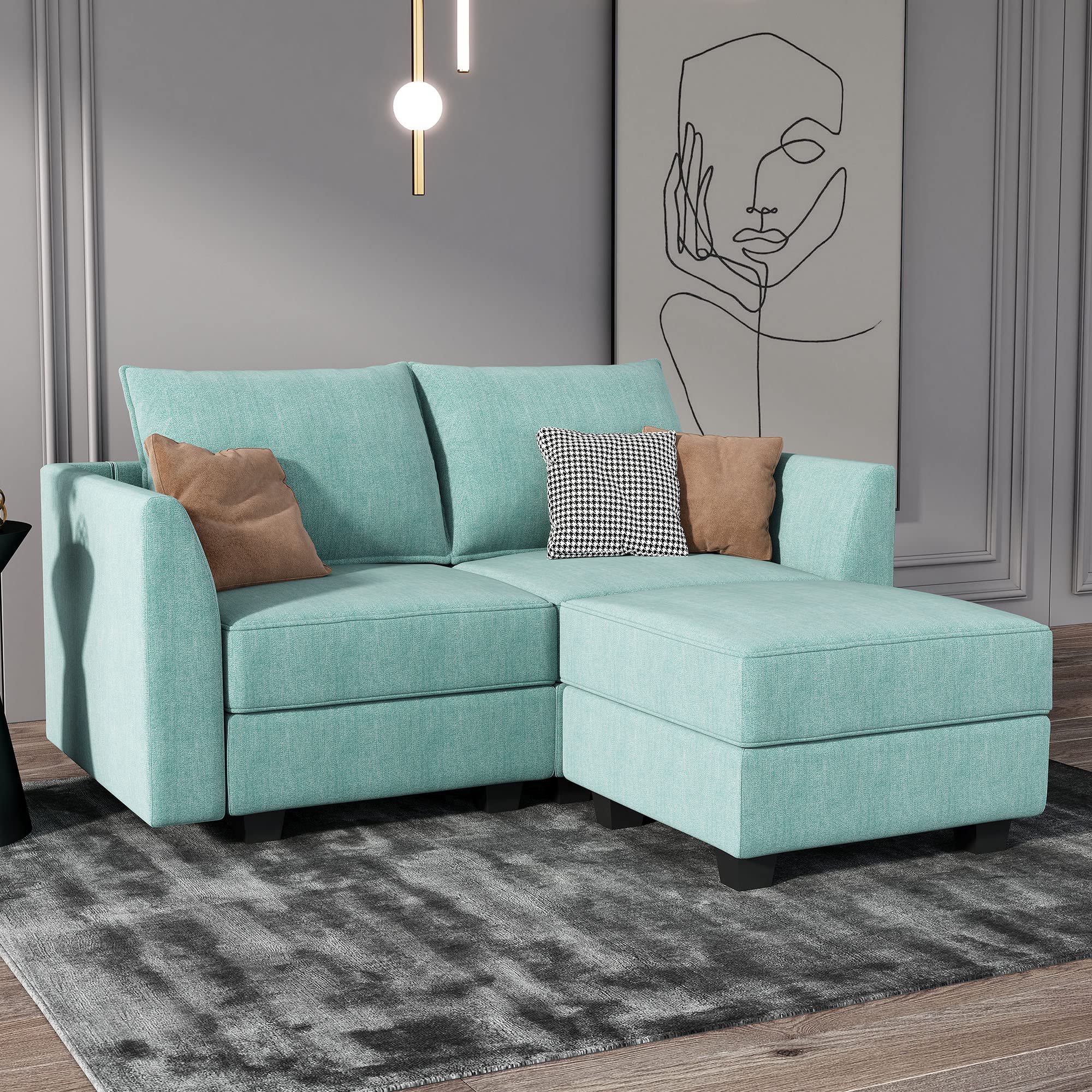 HONBAY Modular Sectional Sofa 2 Seater Couch with Chaise L Shaped Modular Sofa for Small Apartment, Aqua Blue