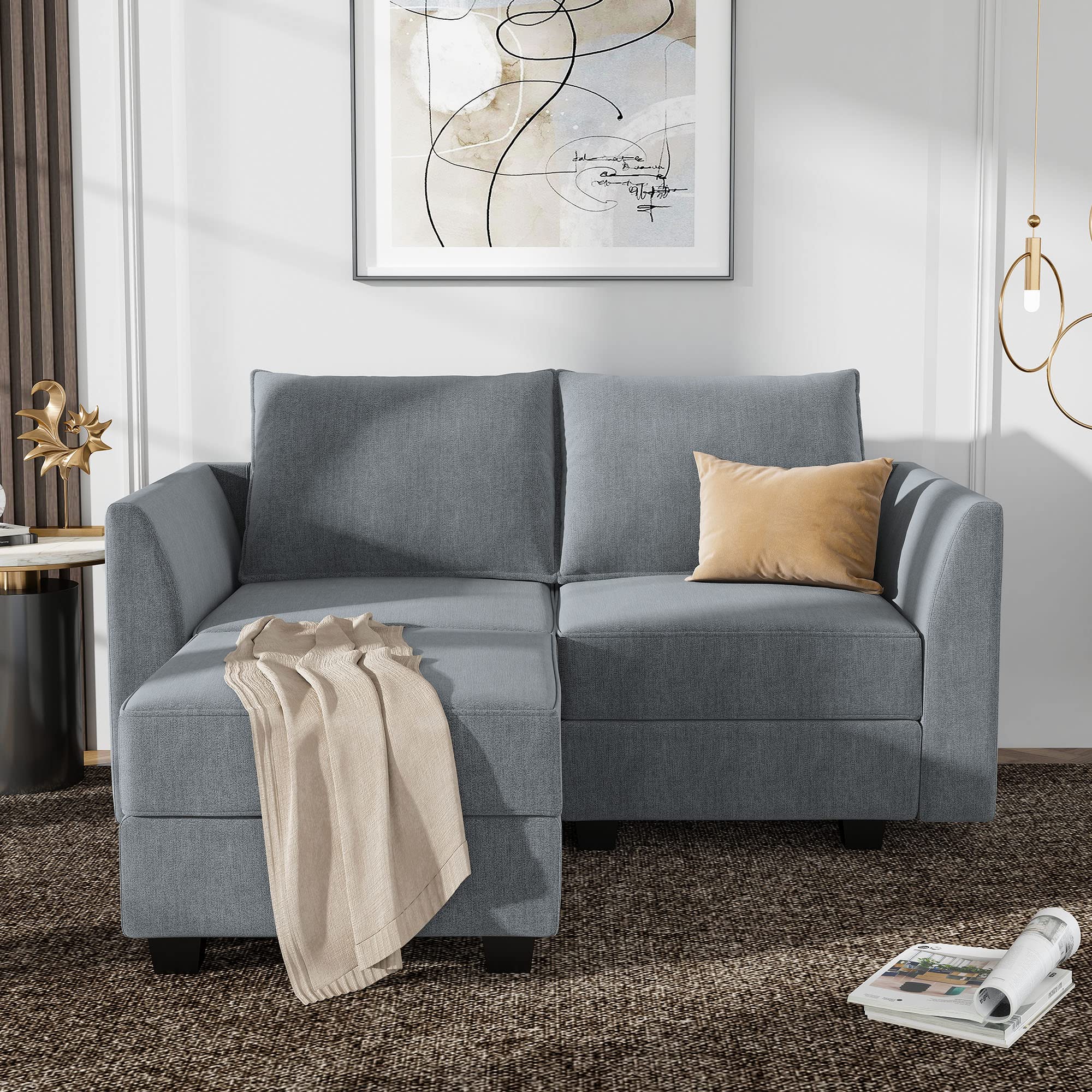 HONBAY Modern L Shaped Sectional Sofa for Small Space Fabric Modular Sofa with Chaise Loveseat Sofa with Ottoman and Storage Seat, Bluish Grey