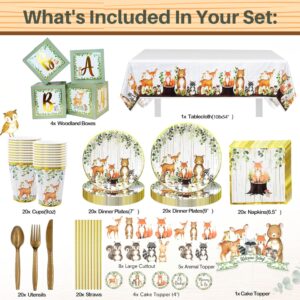 MEGA 257 Pc Woodland Baby Shower Decorations Boy & Girl Kit, Forest Animal Theme, Gender Neutral Baby Shower Decor, BABY boxes, Backdrop, Banner, Balloon Garland, Tablecloth, Plates Cups -20 Guests